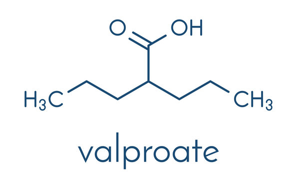 Valproic acid or valproate epilepsy (seizures) drug molecule. Skeletal formula.