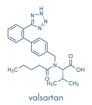Valsartan high blood pressure (hypertension) drug. Inhibitor of angiotensin II receptor. Skeletal formula.