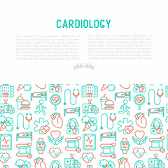 Cardiology concept with thin line icons set: cardiologist, stethoscope, hospital, pulsometer, cardiogram, heartbeat. Modern vector illustration for banner, web page, print media.