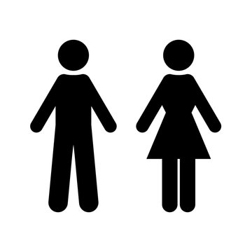 Flat vector: black silhouette of man and woman. Isolated sign, symbol on a white background. Simple symmetrical geometric contour. Suitable for indicating toilet designation, WC and other.