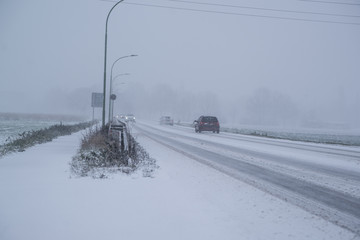 Winter traffic, in snowstorm Germany, Hesse 2017