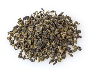 Heap of dry green oolong tea isolated on white background