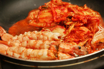 Korean food,Fried Baechu Kimchi with prawn.