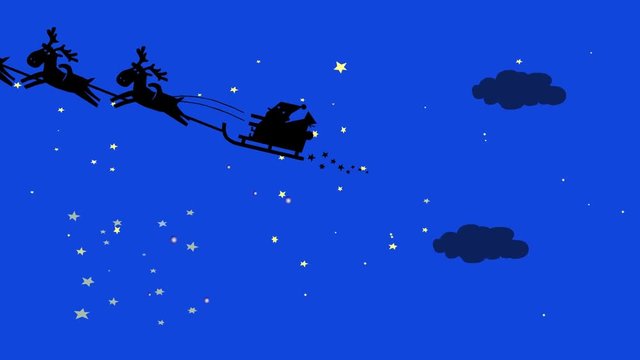 Santa Claus and his reindeers flying in the sky. Silhouette cartoon animation.