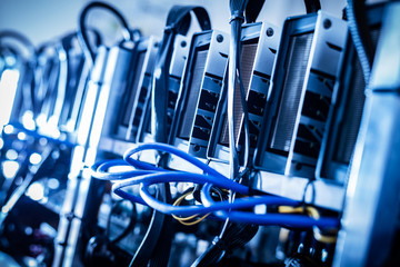 Cryptocurrency mining farm in a close-up shot.