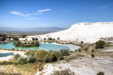 Beautiful landscape of the travertine pools and terraces in Pamukkale in Turkey
