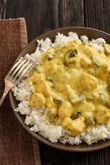Chicken with mushroom in curry cream sauce.