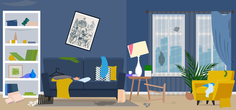 Dirty room. Disorder in the interior. Flat style vector illustration.