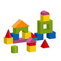 Bright colorful wooden blocks toy. Bricks childrens building tower, castle, house. Vector volume style illustration isolated on white background.