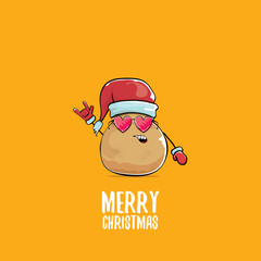 vector funky comic cartoon cute brown smiling santa claus potato with red santa hat and calligraphic merry christmas text isolated on orange background.