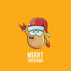 vector funky comic cartoon cute brown smiling santa claus potato with red santa hat and calligraphic merry christmas text isolated on orange background.