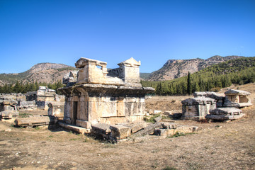 The ruins of the ancient Hierapolis city next to the travertine pools of Pamukkale, Turkey
