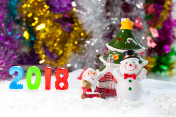 Christmas props decorations on christmas snow field background with copy space.Merry Christmas and happy new year concept.