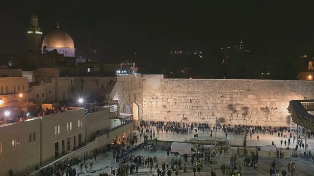 Night view of Western Wall in Old City of Jerusalem, Israel. Time-lapse.