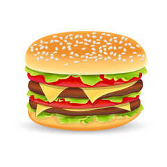 Hamburger icon. Classic Burger American Cheeseburger with Lettuce Tomato Onion Cheese Beef isolated on white Background. Fast Food. Beef meat and fresh organic vegetables.
