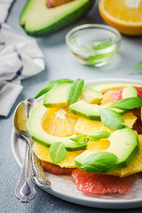 Healthy avocado citrus fennel salad. Selective focus, space for text.