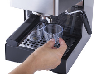 Putting coffee cups on drip tray of espresso machine, stages of coffee making, isolated on white background