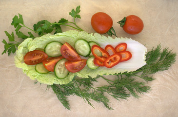 Vegetables: salad, tomato, cucumber, pepper