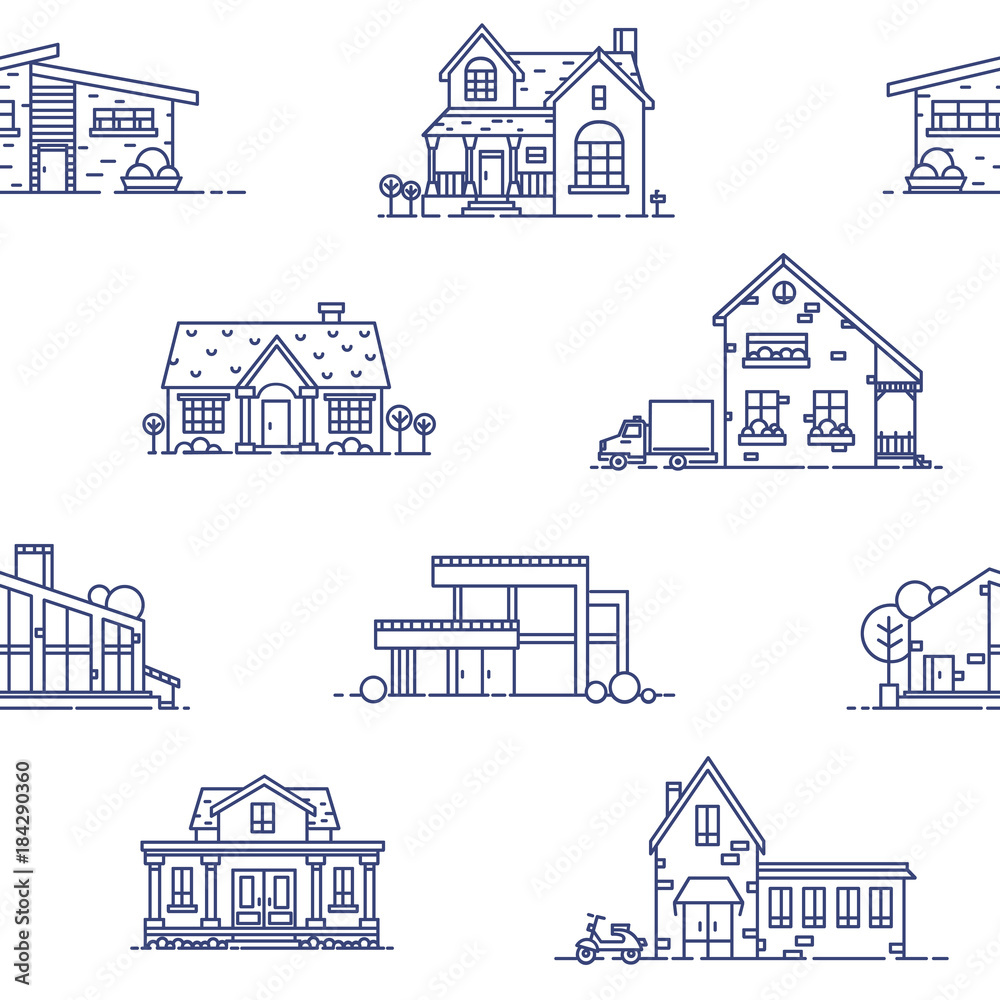 Poster seamless pattern with suburban houses drawn with blue contour lines on white background. monochrome 