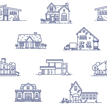 Seamless pattern with suburban houses drawn with blue contour lines on white background. Monochrome backdrop with various living or residential buildings. Vector illustration in lineart style.