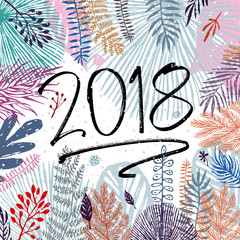 2018 year, inscription and trendy winter leaves background. Vector illustration, Great design element for congratulation cards, banners and other