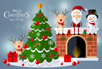 Christmas Santa Claus , reindeer and snowmen background in flat style.
