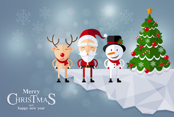 Christmas Santa Claus , reindeer and snowmen background in flat style.
