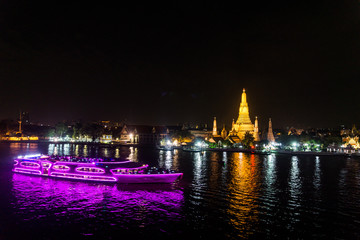 BANGKOK, THAILAND – 5 December 2017: Night View of WAT ARUN (TEMPLE OF DAWN) and Chao Phraya River, Bangkok, Thailand.