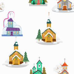 merry christmas and happy new year seamless pattern, church and green tree under snow, christianity and Catholic winter city cathedral vector illustration, religious holy background