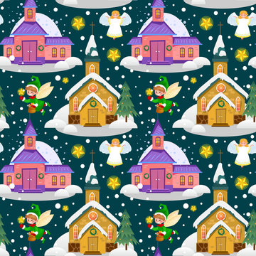 merry christmas and happy new year seamless pattern, church and green tree under snow, christianity and Catholic winter city cathedral vector illustration, religious holy background © anutaberg