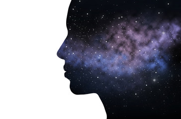 double exposure woman and galaxy