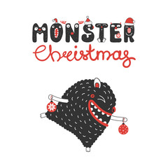 Hand drawn greeting card with a cute funny cartoon monster holding Christmas ornaments. Isolated objects on white background. Design concept for children, winter holidays. Vector illustration.