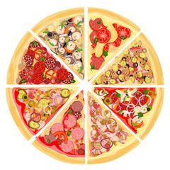 A set of slices of a variety of pizza. Isolated on a white background. Sausage, meat, seafood, fresh and pickled vegetables, mushrooms, cheese, tomato paste and greens.