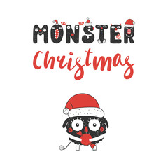 Hand drawn Christmas greeting card with a cute funny little monster in Santa Claus hat, holding candy. Isolated objects on white background. Design concept kids, winter holidays. Vector illustration.