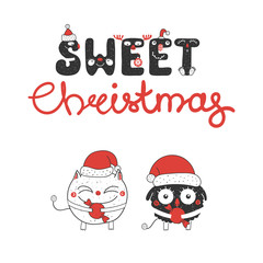 Hand drawn Christmas greeting card with cute funny little monsters in Santa Claus hats, with candy. Isolated objects on white background. Design concept kids, winter holidays. Vector illustration.