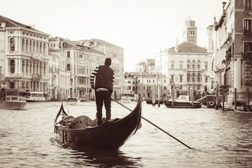Fototapeta na wymiar Man On Gondola, Italian Street On Water, Beautiful Nooks In Venice, Night View Of Canal In Venice, Young Man In Boat Carrying Tourists In Italy, Venetian Taxi On Water, Picturesque Streets In Venice