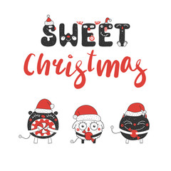 Fototapeta premium Hand drawn Christmas greeting card with cute funny little monsters in Santa Claus hats, with candy. Isolated objects on white background. Design concept kids, winter holidays. Vector illustration.
