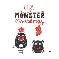 Hand drawn Christmas card with cute monsters, standing on a stool, holding a star, tangled in garland. Isolated objects on white background. Design concept kids, winter holidays. Vector illustration.