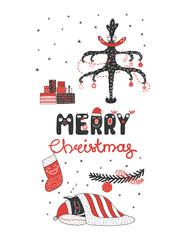 Hand drawn greeting card with cute funny sleeping monster, stocking, presents under the Christmas tree. Isolated objects on white background. Design concept kids, winter holidays. Vector illustration.