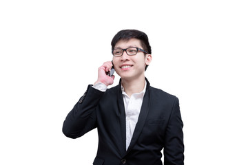 Asia businessman has holding a phone for talking with smile and happy isolated on white background.