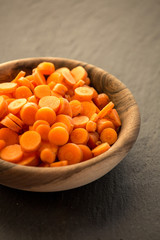 Carrot slices in wooden bowl.