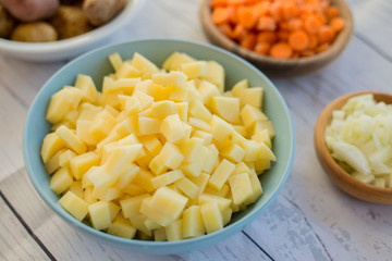 Sliced ingredients prepared to cook a tasty soup.