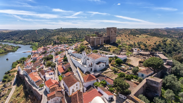 Aerial. The village of Mertola filmed with drone sky. Portugal Alentejo Guadiana
