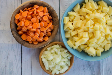 Sliced ingredients prepared to cook a tasty soup.