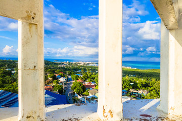 Beautiful view of the town through some pillars in San Andres Island Colombia and Caribbean Sea South America
