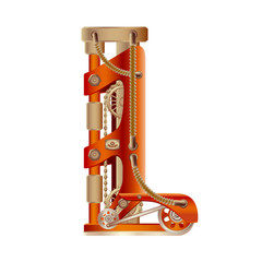 The letter L of the Latin alphabet, made in the form of a mechanism with moving and stationary parts on a steam, hydraulic or pneumatic draft. Isolated freely editable object on white background.