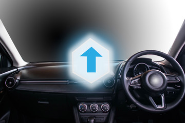 interior vehicle for customer.This car technology digital virtual screen icon and Wireless communication connecting internet in car technology for transport, automotive, driver image