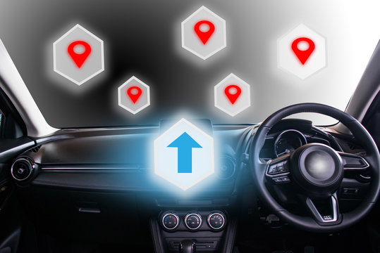 interior vehicle for customer.This car technology digital virtual screen icon and Wireless communication connecting internet in car technology for transport, automotive, driver image - Powered by Adobe