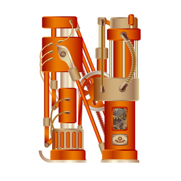 The letter N of the Latin alphabet, made in the form of a mechanism with moving and stationary parts on a steam, hydraulic or pneumatic draft. Isolated freely editable object on white background.
