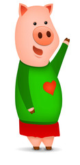 Vector pink cartoon pig girl wearing  green sweater